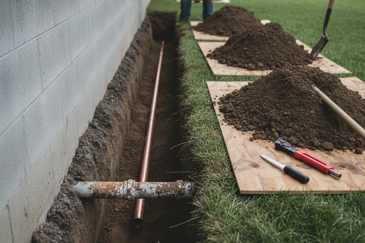 Excavated water line trench during Sewer Line Repair in Stone Creek
